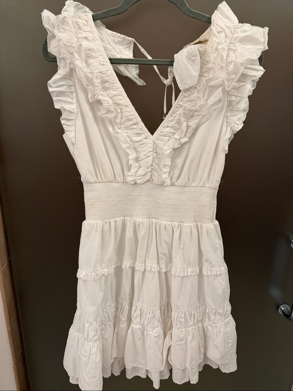 Love the LabelWhite Ruffle Tiered V-Neck Women's Dress